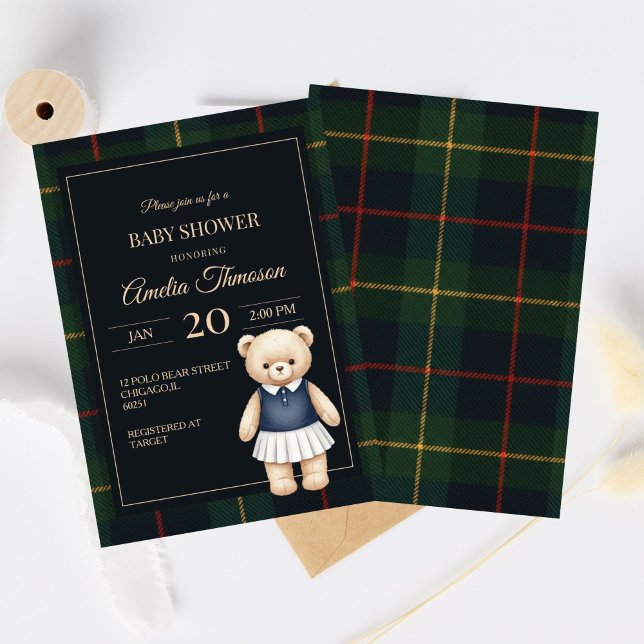 Classic Polo Teddy Bear Preppy Plaid Baby Shower Inbjudningar (Skapare uppladdad)