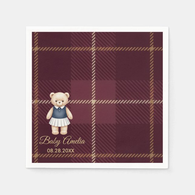 Classic Polo Teddy Bear Preppy Plaid Baby Shower  Pappersservett (Framsidan)