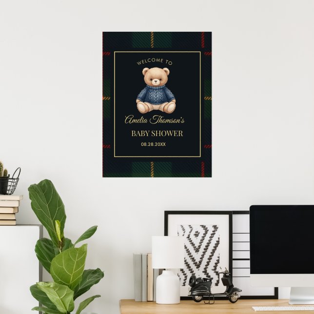 Classic Polo Teddy Bear Preppy Plaid Baby Shower  Poster (Hemmakontoret)