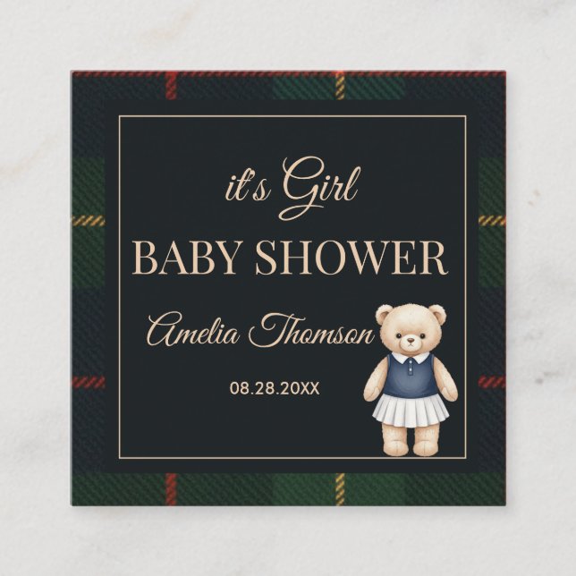 Classic Polo Teddy Bear Preppy Plaid Baby Shower  Tilläggskort (Framsida)