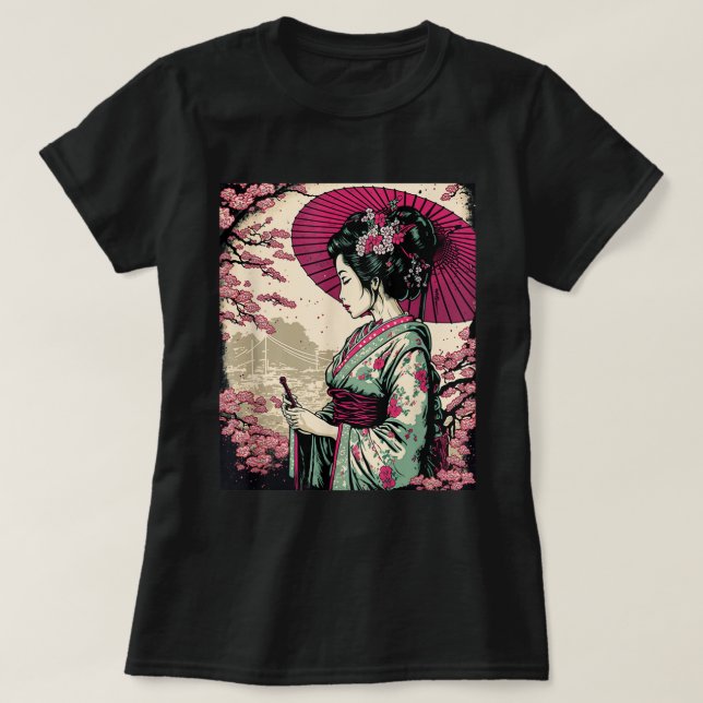 Classic Porträtt Geisha Japanska T Shirt (Design framsida)