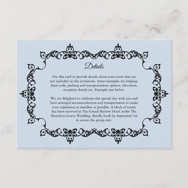Classic Powder Blue Ornately Framed Wedding Tilläggskort (Framsida)
