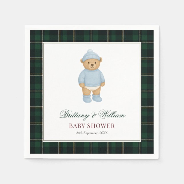 Classic Preppy Bear Designer Plaid Baby Shower Pappersservett (Framsidan)