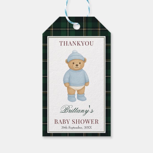 Classic Preppy Bear Designer Plaid Baby Shower Presentetikett (Framsidan)
