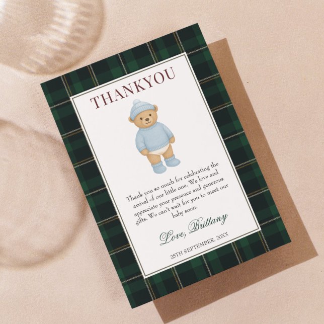 Classic Preppy Bear Designer Plaid Baby Shower Tack Kort (Skapare uppladdad)