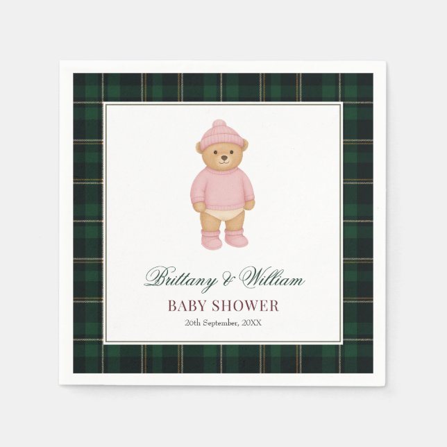 Classic Preppy Bear Green Tartan Plaid Baby Shower Pappersservett (Framsidan)