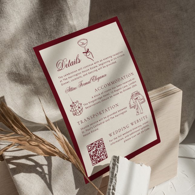 Classic QR Code Wedding Details Deep Red Old Money Tilläggskort (Skapare uppladdad)