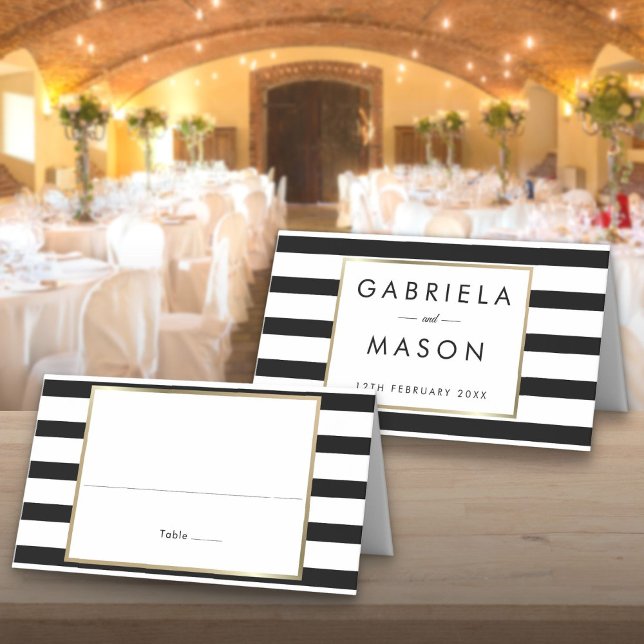 Classic Rand Bröllop | Faux Gold Foil Placeringskort (Classic Stripe Wedding | Faux Gold Foil Place Card)