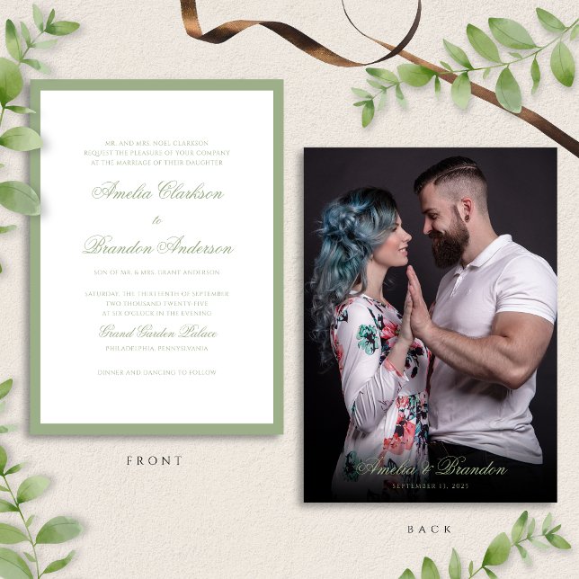 Classic Real Sage Green Script & Photo Wedding Inbjudningar (Skapare uppladdad)