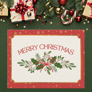 Classic Red and Green Holly Merry Christmas Vykort
