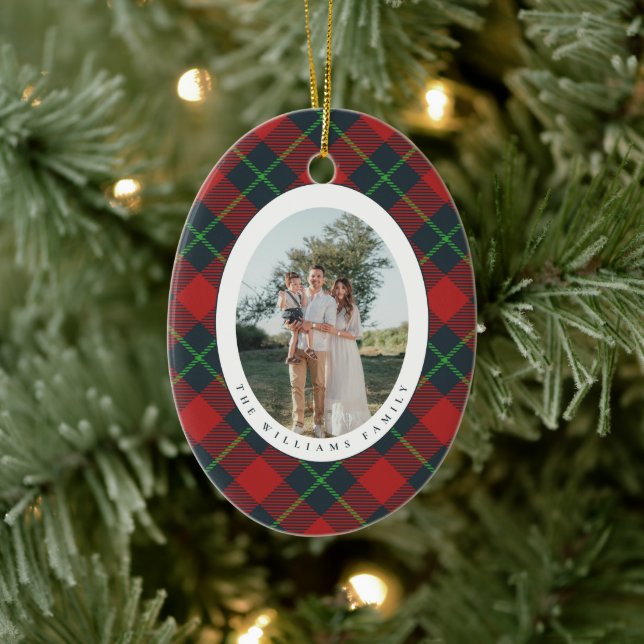 Classic Red and Green Plaid Family Photo Holiday Julgransprydnad Keramik (Träd)