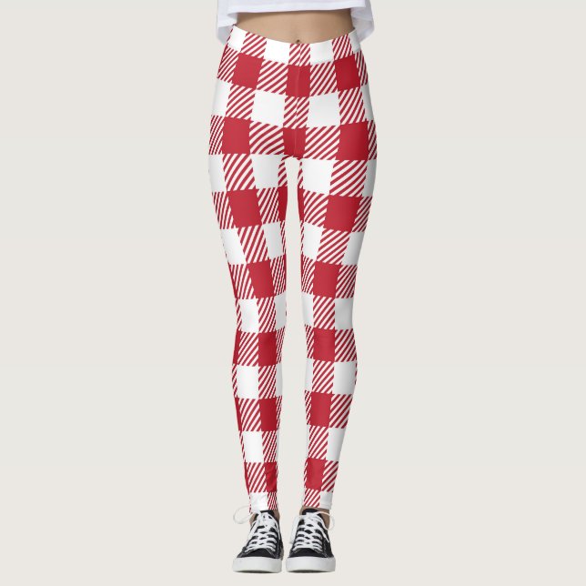 Classic Red and White Gingham Checkered Pattern Leggings (Framsida)