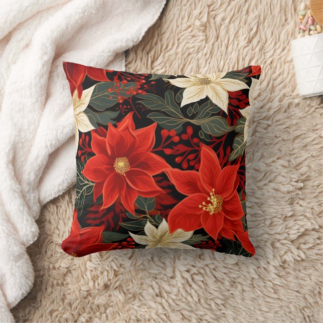Classic Red and White Poinsettia Juldag Blommigt Kudde (Filt)