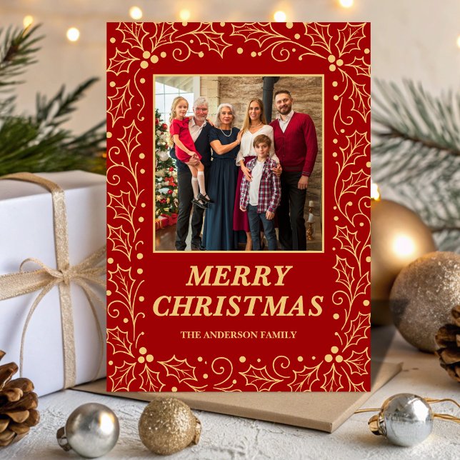 Classic Red & Antique-Gold Family Photo Christmas Julkort (Skapare uppladdad)