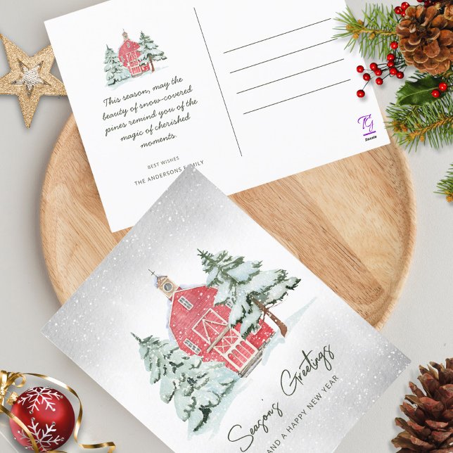 Classic Red Barn Snöflingor Gräs-julafton Helg Vykort (Skapare uppladdad)