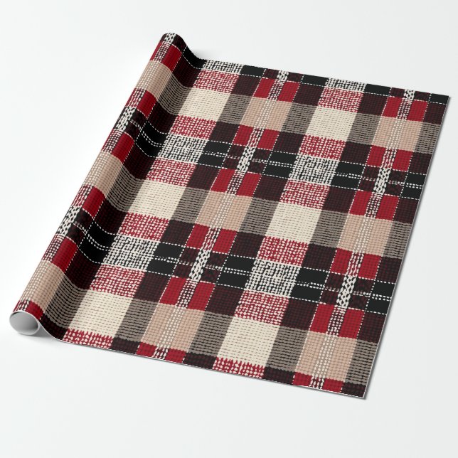 Classic Red & Black Tartan Play - Rustic Woven Presentpapper (Utrullad)