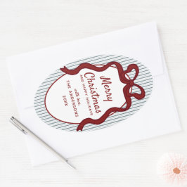 Classic Red Blue Stripes & Bow Frame Christmas  Ovalt Klistermärke