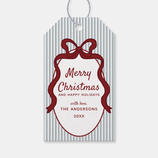 Classic Red Blue Stripes & Bow Frame Christmas  Presentetikett (Framsidan)