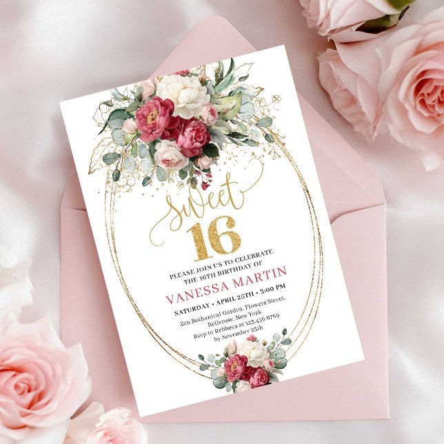 Classic Red Blush Floral Sweet 16 Birthday Invite Inbjudningar (Classic Red Blush Floral Sweet 16 Birthday Invitation)