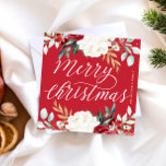 Classic Red Botanical Blommigt God jul Anteckningskort<br><div class="desc">Vackra botaniska julhälsningskortet i vattenfärg har söt vita blommor med snyggt guld och grönt leafy grey med kalligrafi av elegant God jul och en klassisk helgdag röd bakgrund. Anpassa med ditt namn!</div>