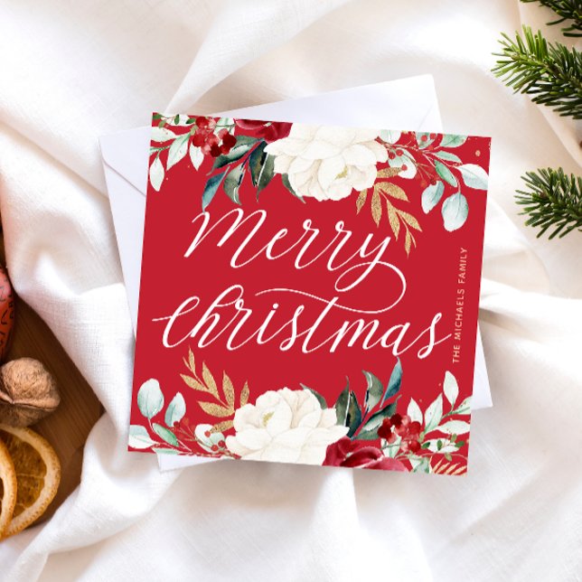 Classic Red Botanical Blommigt God jul Anteckningskort (Skapare uppladdad)