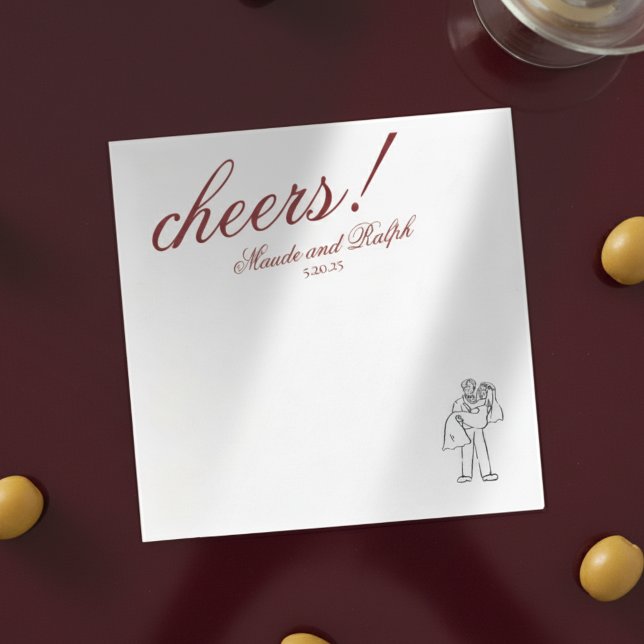 Classic Red Cheers Elegant Personlig Bröllop Pappersservett (Add a refined pop of personality to your reception with this Old Money Bold Red “Cheers!” Napkins!)