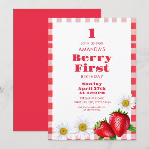 Classic Red Gingham Strawbär Girl 1 Birthday Inbjudningar