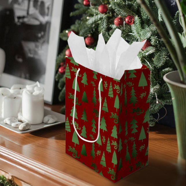 Classic Red & Grönt Julgran Jolly Mönster (Classic Red & Green Christmas Tree Jolly Pattern Medium Gift Bag)