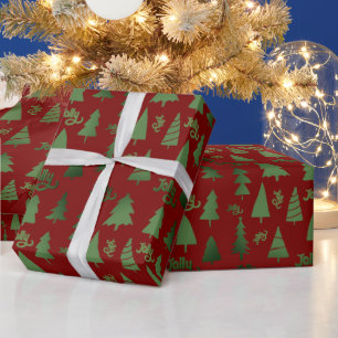 Classic Red & Grönt Julgran Jolly Mönster Presentpapper