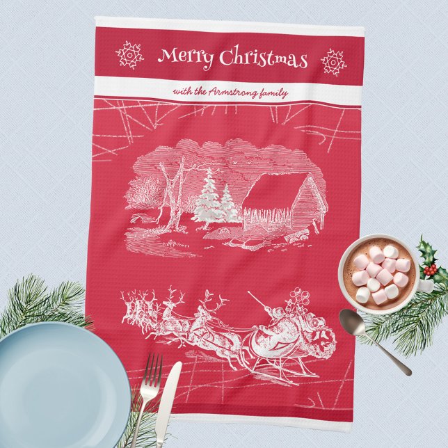 Classic Red Jultomten-jul Kökshandduk (Merry Christmas 🎅🏻 Santa Sleigh Reindeers Red Kitchen Towel ©Susanne Sachers - Sunny Mind Design )