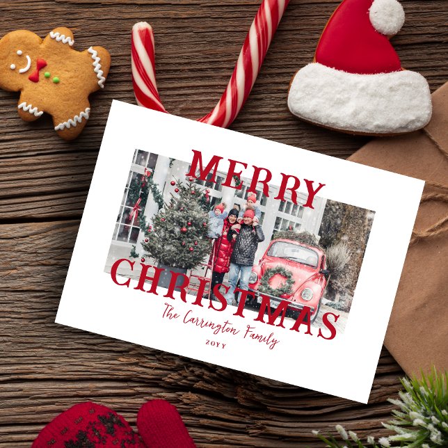Classic Red Merry Christmas Photo  Julkort (Celebrate this festive season with our charming 'Classic Red Merry Christmas Photo Holiday Card.)