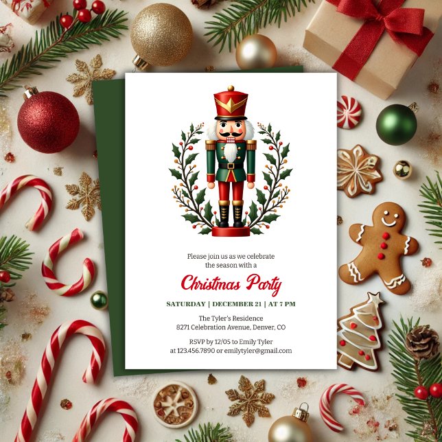 Classic Red Nutcracker Théed jul Party Inbjudningar (Classic Red, White and Green Nutcracker Themed Christmas Party Invitation)