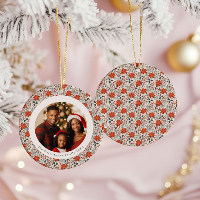 Classic Red Poinsettia 1 Family Photo Christmas Julgransprydnad Keramik (Poinsettia Season 1 Sided Photo Christmas Ornament white)