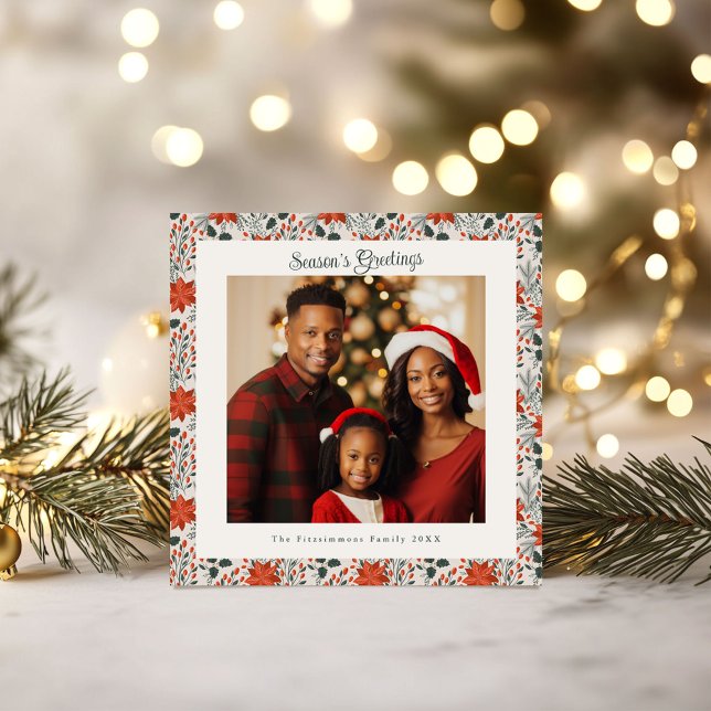 Classic Red Poinsettia Helgdag Photo jul Kort (Poinsettia Season Square Christmas Card white)