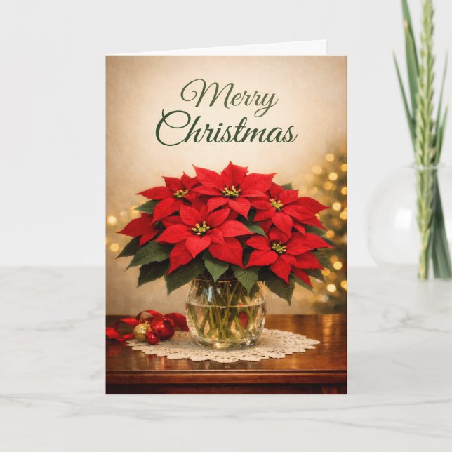 Classic Red Poinsettia Merry Christmas  Helgkort (Framsida)