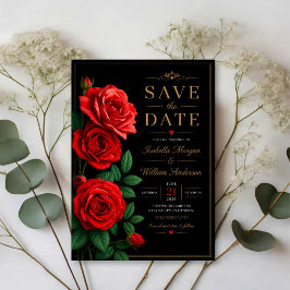 Classic Red Rose Elegant Black and Gold Floral Spara Datumet