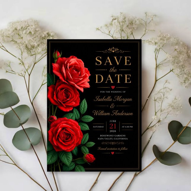 Classic Red Rose Elegant Black and Gold Floral Spara Datumet (Skapare uppladdad)