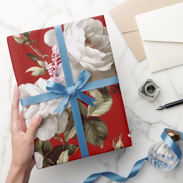 Classic Red Rose White Floral Pattern Presentpapper (Gifting)