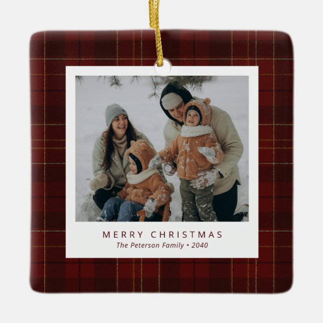 Classic Red Tartan Plaid Family 4 Photo Holiday Julgransprydnad Keramik (Framsida)
