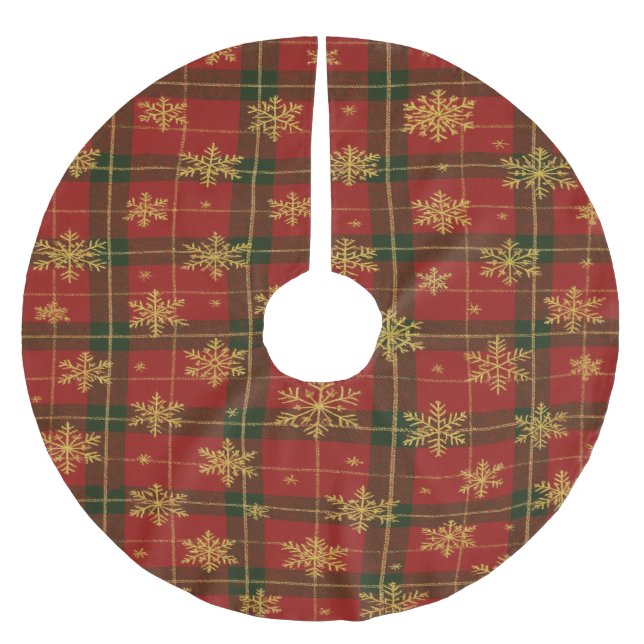 Classic Red Tartan with Golden Snowflakes Julgransmatta Borstad Polyester (Framsidan)