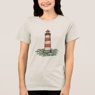 Classic Red & White Lighthouse with Ocean Waves T Shirt