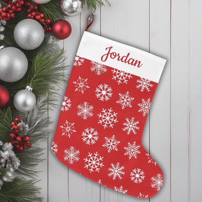 Classic Red & White Snowflake Mönster Personlig Stor Julstrumpa (Classic Red & White Snowflake Pattern Personalized Large Christmas Stocking)