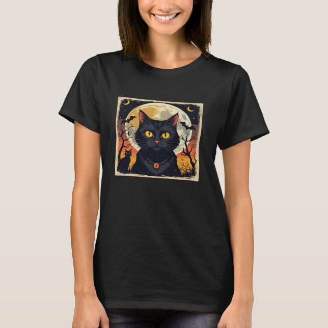 Classic Retro Black Cat Halloween T-Shirt Classic  (Framsida)