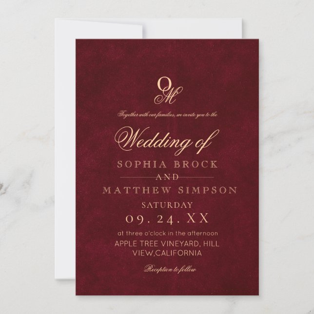 Classic Romantic Minimal Burgundy Monogram Wedding Inbjudningar (Framsida)