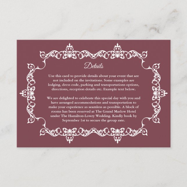 Classic Romantic Rosewood Ornately Framed Wedding Tilläggskort (Framsida)
