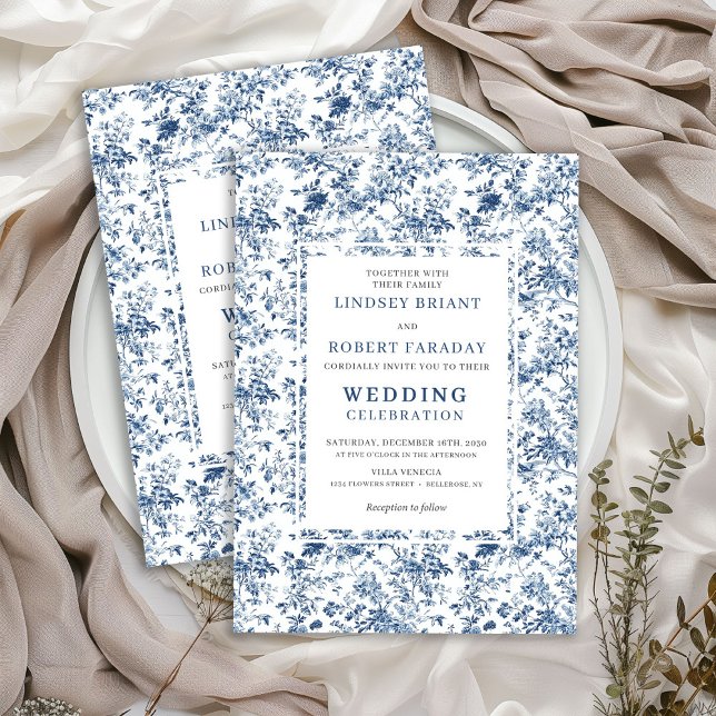 Classic Royal Blue Toile Wedding Invitation Style Inbjudningar (Classic Royal Blue Toile Wedding Invitation Style)
