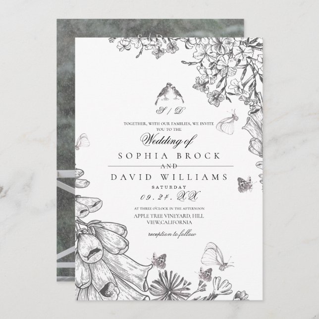 Classic Rustic Black White Floral Wedding  Inbjudningar (Fram/baksida)