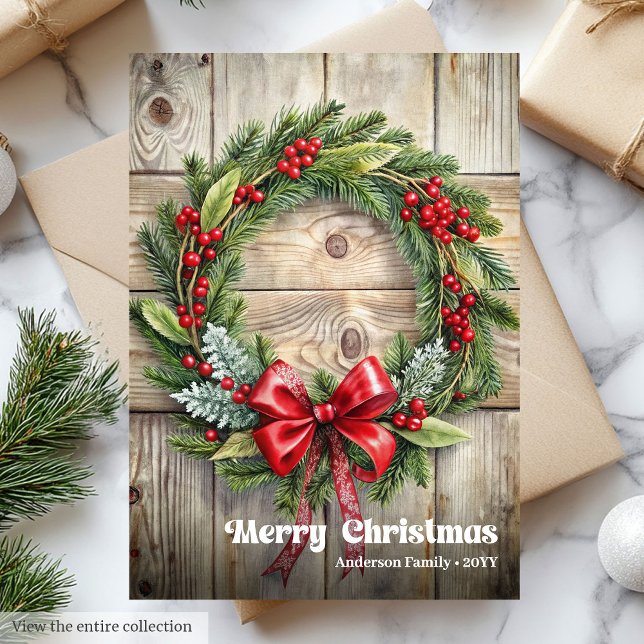 Classic rustic Christmas pine wreath holly berries Julkort (Classic rustic Christmas pine wreath holly berries Holiday Card)