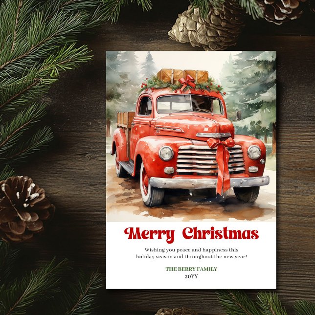 Classic rustic Christmas red car festive artwork Julkort (Classic rustic Christmas red car festive artwork)