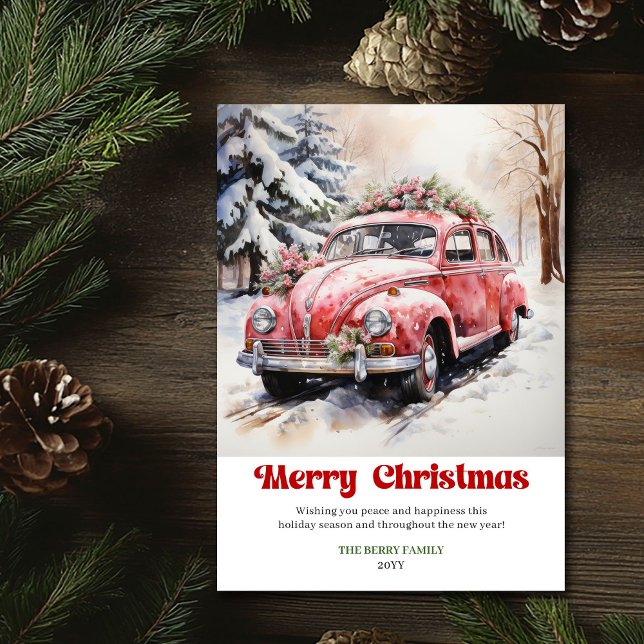 Classic rustic Christmas scene pink car design Julkort (Classic rustic Christmas scene pink car design)
